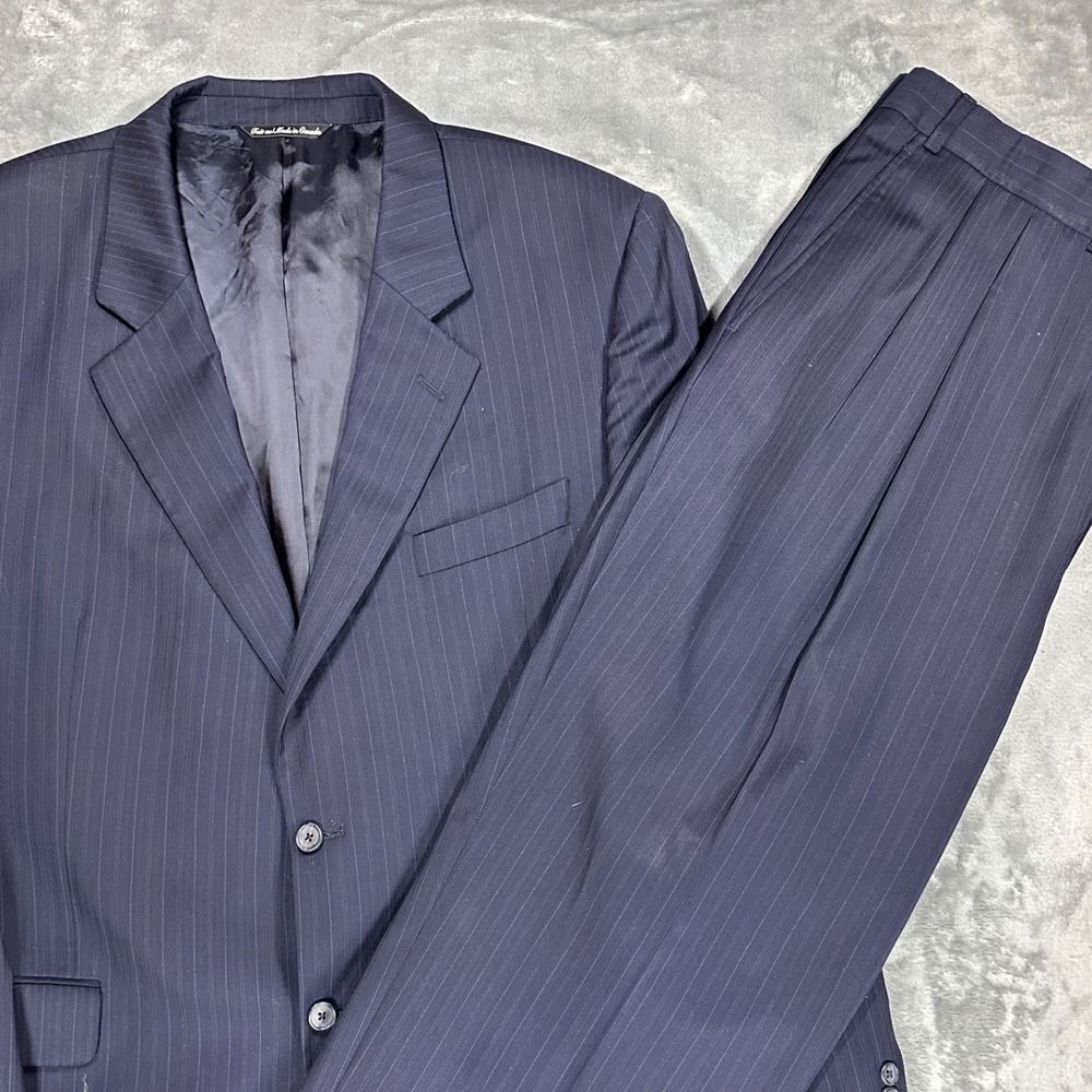 Jack‎ Victor Collection Mens 46L Navy Pinstripe Wool Suit Estrato Super 110S 40W